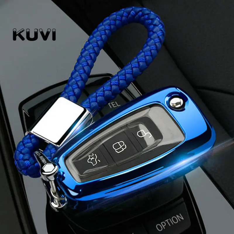 Чехол для ключей для Ford Ranger C-Max S-Max Focus Galaxy Mondeo Transit Tourneo Custom Focus 3 MK3 Focus 4 ключ Fob Case - Название цвета: blue with keychain