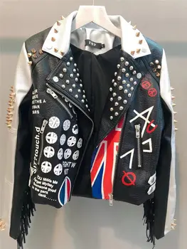 

2020 Women rivet beading PU Leather Jacket New Fashion Streetwear Faux Leather Jacket Graffiti Outwear