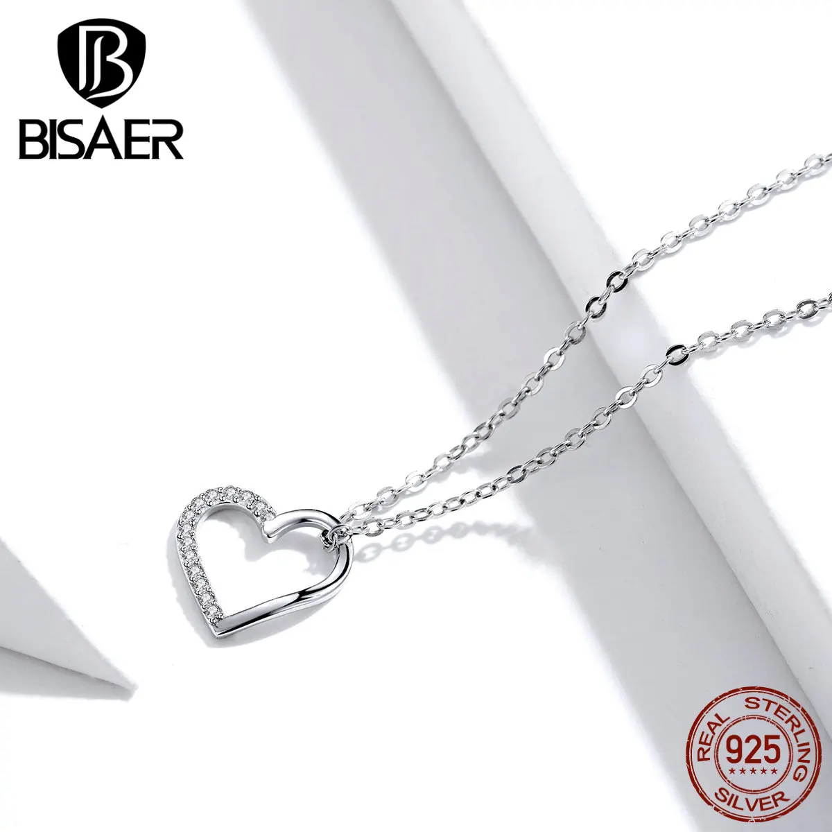 BISAER 925 пробы Серебряное ожерелье в форме сердца любовь ожерелье для женщин прозрачный кубический циркон ожерелье s ювелирные изделия HSN347