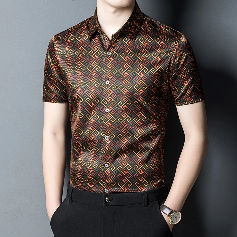 Ropa de lujo Retro para hombre, camisas con estampado Retro barroco de seda Real, camisas de satén lisas de negocios para verano, cómodas, 100%|Camisas informales| AliExpress