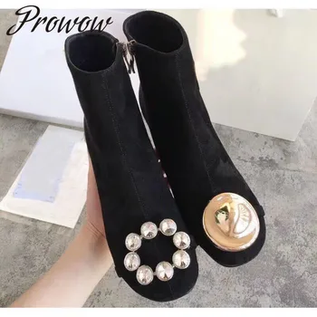 

Prowow New Black Genuine Leather Round Toe Zip Side Ankle Boots Round Heel HIgh Heel Boots Autumn Winter Fashion Women Boots