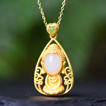 

Natural Hetian white jade pith Silver Pendant Necklace Chinese style retro palace style minority design women's festival gift
