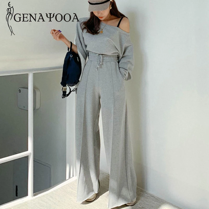 

Genayooa Tracksuit Women Casual Spring 2 Piece Suit Women Korean Style Two Piece Set Top And Pants Off Shoulder Tops Suits 2020