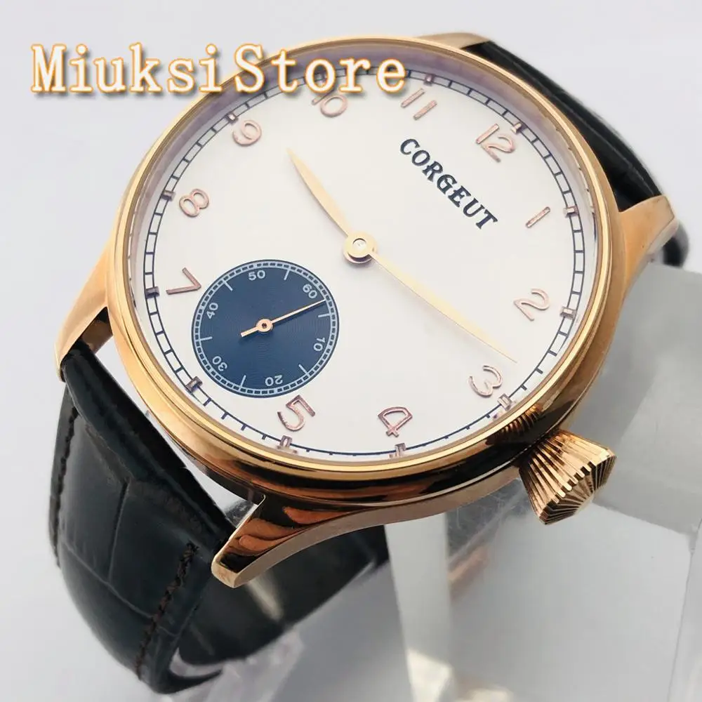 

CORGEUT 44mm Men's Top Classic Mechanical Watch Rose Gold Case White Dial 17 Jewels Hand Winding 6498 Movement Men's Watch