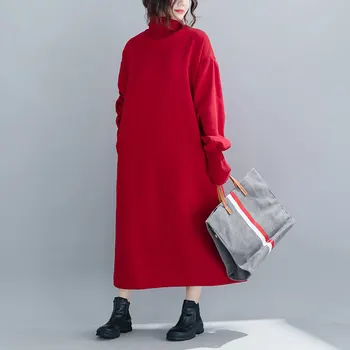 

Plus Size Women Autumn Winter Warm Dress Turtleneck Black Red Oversized Casual Loose Hoodies Dress Thick Cotton Knitting Vestido