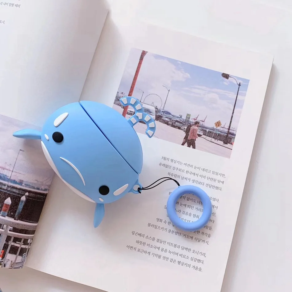 Для AirPods случае 3D мультяшный наушник чехол для Apple Airpods 2 забавные интимные аксессуары защитную крышку с палец кольцо ремень - Цвет: Blue Whale