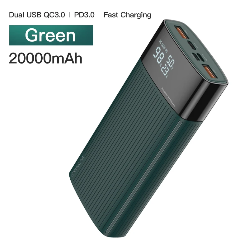 Green KUULAA power Bank 20000 mAh usb type C PD Быстрая зарядка+ Quick Charge 3,0 power Bank 20000 mAh Внешняя батарея для Xiaomi iPhone - Цвет: Green