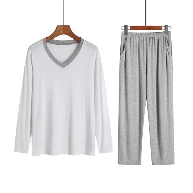 Gray-White Удобные хлопковые мужские пижамы, набор зимних модальных осенних пижам, Мужская свободный низ, Повседневная Домашняя одежда, пижамы для мужчин - Color: Gray-White
