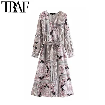 

TRAF Women Vintage Stylish Print Bow Tie Sashes Midi Dress Fashion V Neck Long Sleeve Female Dresses Casual Vestidos Mujer