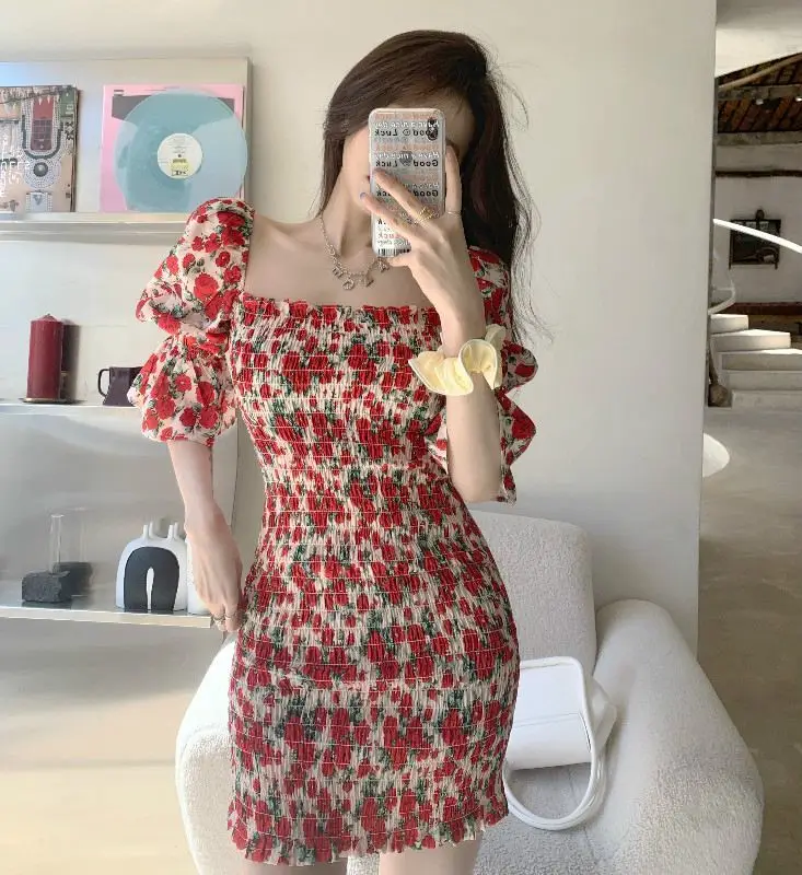 Dresses Women Puff Sleeve Print Holiday Party Mini Sexy Ladies Clothes Chic Elegant Harajuku Ulzzang Classic Retro Newest Cozy sweater dress