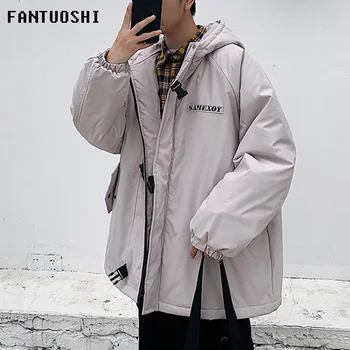 

Winter Parker Coat Men's 2019 New Fashion Casual Straight Hooded Jacket Solid Color Thicken Warm cotton Jacket big size Black 5X