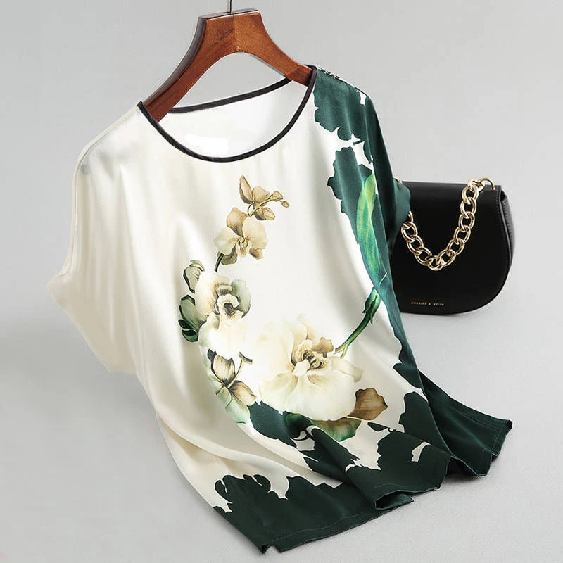 Women Silk Satin Blouses Plus Size Batwing Sleeve Vintage Print Floral