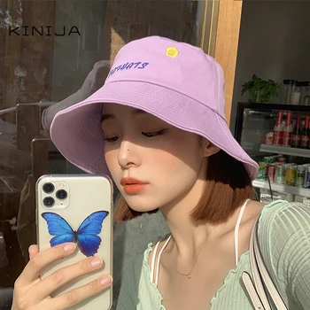 

Solid letter Embroidered Fisherman Hat flower Big Brim cover face ins Panama hat Korean UV Protection Bucket cap