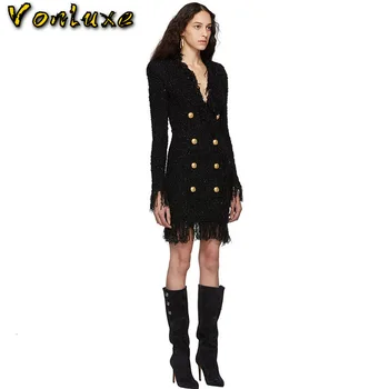 

2020 Autumn Winter Tweed Wool Dress Women Long Sleeve Runway Designer Woolen Clothes V Neck Tassels High Quality Dresses Female