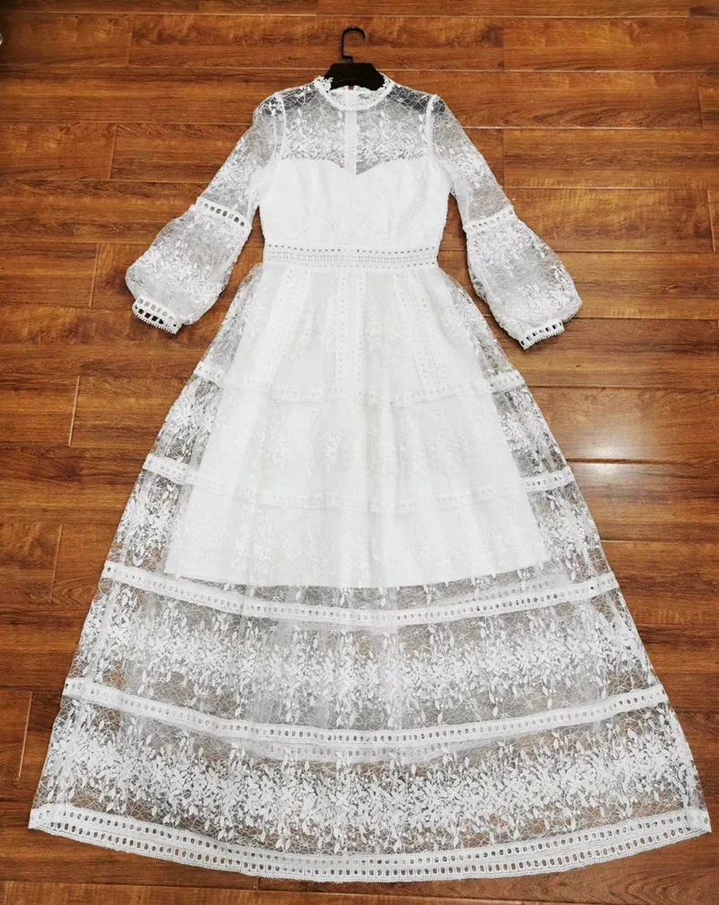 Цянь Хан Цзы весна лето бренд Макси платье женское фонарь рукав кружево вышитая аппликация вырез элегантное белое длинное платье