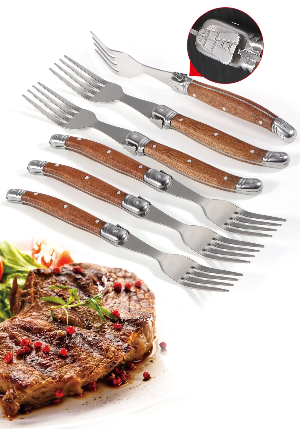 Description Picture 6 of itemJaswehome Laguiole Wood Handle 6pcs Dinner Fork Collection Stainless Steel Dessert Forks Table Forks Serving Flatware Set