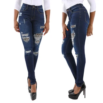 

2019 Ms. Temperament Commuter Slim Jeans Autumn New Trend Patch Hole Jeans Women Leopard Skinny Jeans