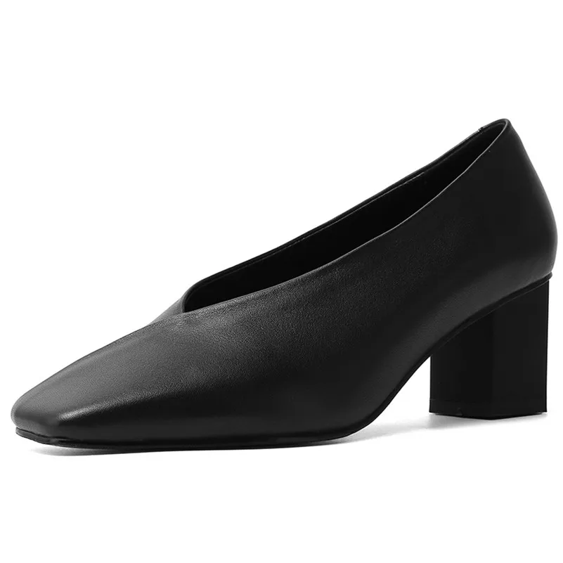 

2020 Women Concise Pumps Spring Soft Genuine Leather Square Heels Party Prom Office Shoes Woman Rome Brand High Heels