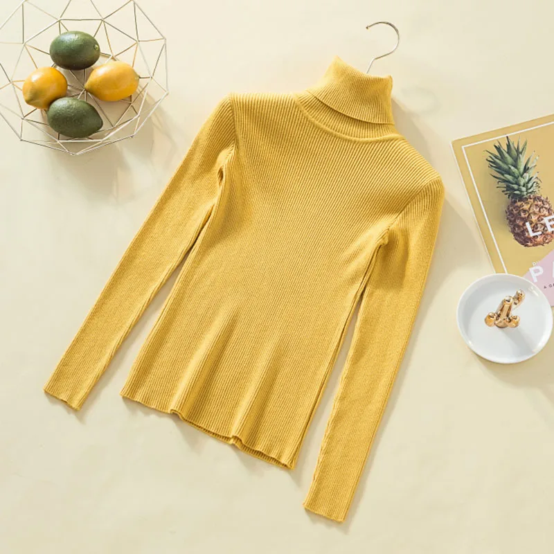Зимний вязаный Однотонный женский свитер и водолазка, пуловер с длинным рукавом, повседневный Sueter Mujer, топы, милый корейский джемпер - Цвет: yellow sweater