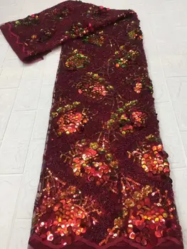 

High Quality Sequins Nigerian Embroidery French Net Lace Fabrics Hot sale wine red African Tulle Lace Fabric For Dress FDP1010