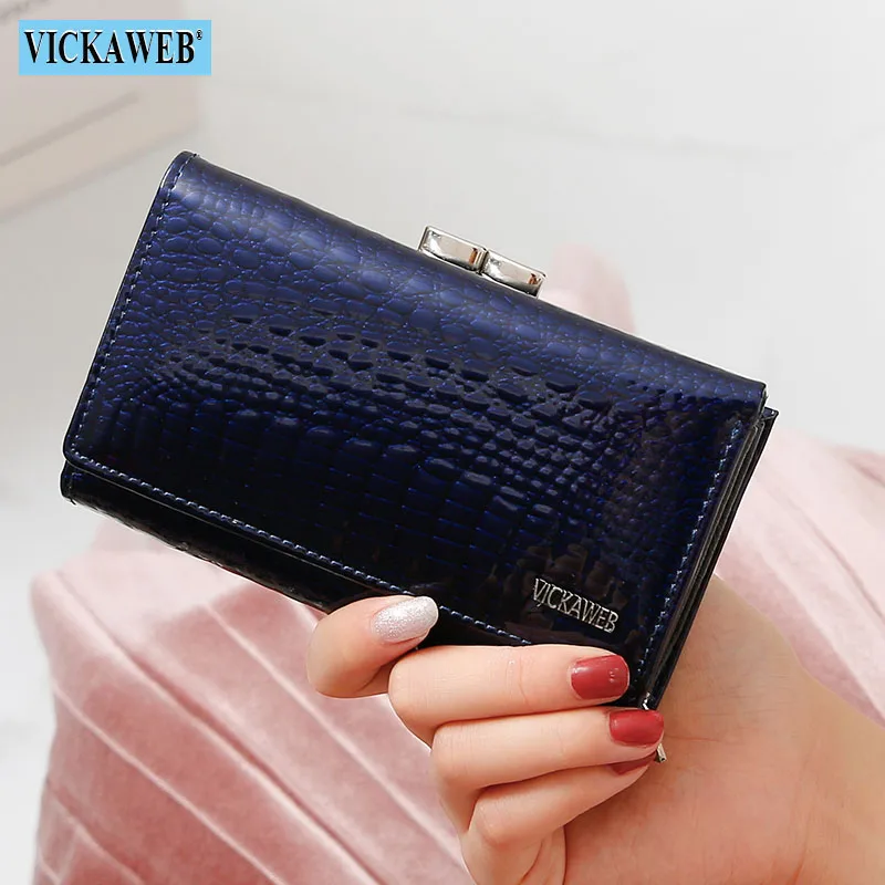 VICKAWEB Women Genuine Leather Short Wallet Female Fashion Purses Ladies Alligator Hasp& Zipper Coin Purse Woman Small Wallets - Цвет: Dark Blue Wallet