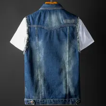 Осень, стиль, корейский стиль, темно-синий джинсовый жилет с дырками, мужской жилет без рукавов, мужской джинсовый жилет