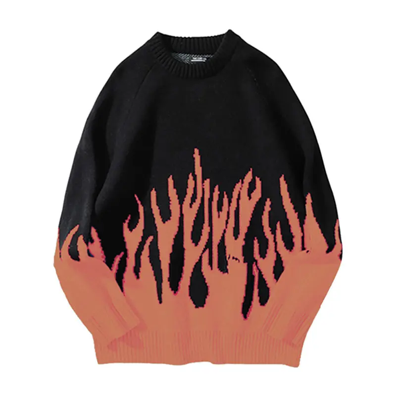 

Japanese Pullover New Year Sweater Fashion Free Shipping Clothing Retro Loose Flame Pattern Hip Hop Harajuku Couple Sweaters