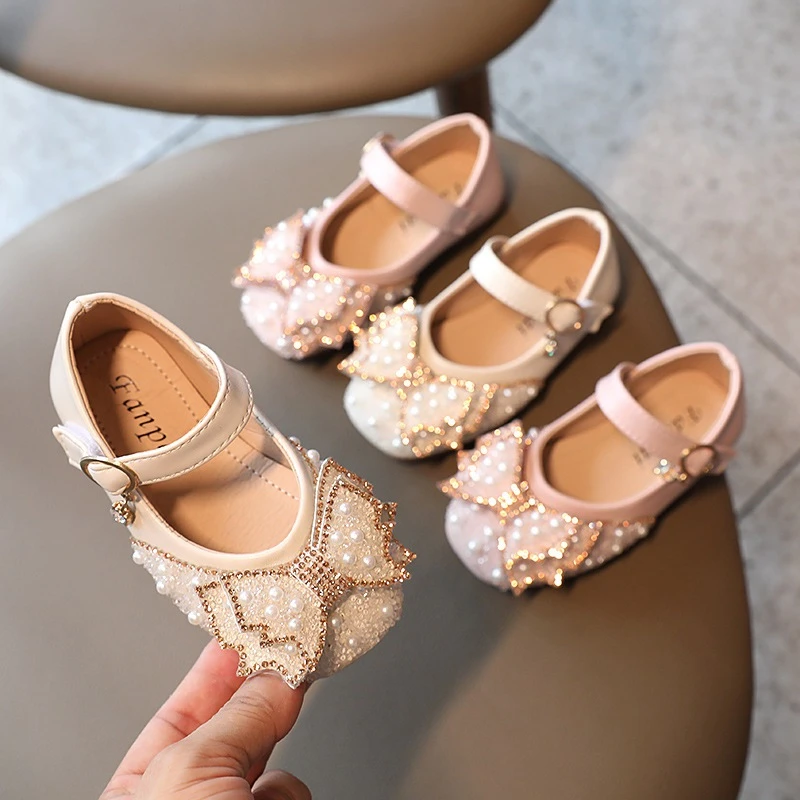 Zapatos de fiesta para niños y niñas, zapatillas de princesa brillantes con diamantes de imitación de perlas, zapatos planos de cuero de moda para bebé para boda|Zapatos de -