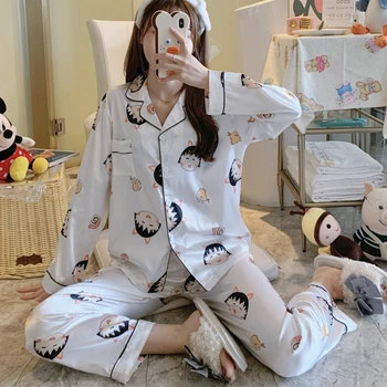 

Sexy Women Thin Printed Pajama Sets Casual 2 Pieces Set Homewear Female Pyjamas Long-sleeved Suits Spring Autumn New Sleepwear