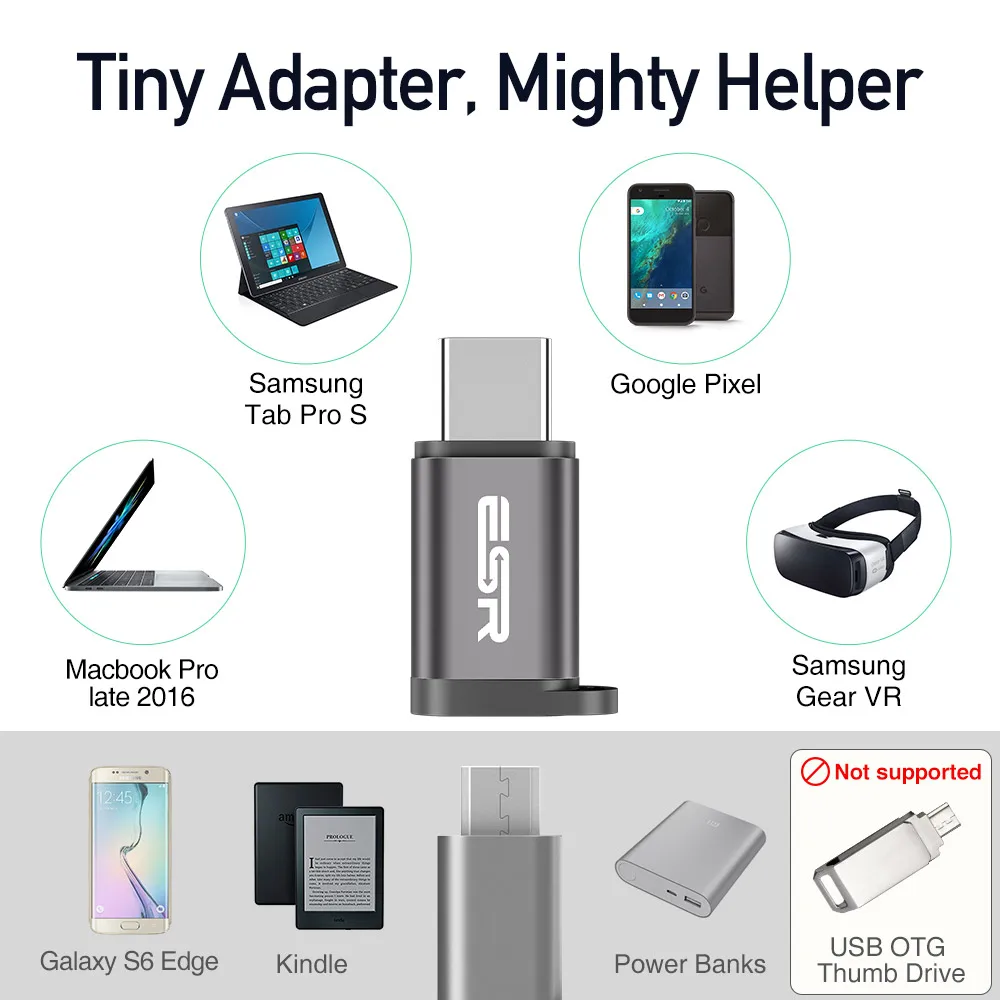 USB адаптер кабель-Переходник USB C на Micro USB OTG кабель, ESR Тип C конвертер для Macbook samsung Galaxy s8 s9 huawei p20 pro p10 адаптер для использования на ходу