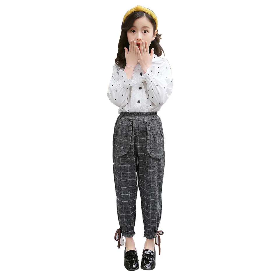 Children School Clothes Dot Pattern Costume For Girls White Blouse + Jumpsuit 2PCS Tracksuit Girl Plaid Kids Clothing |