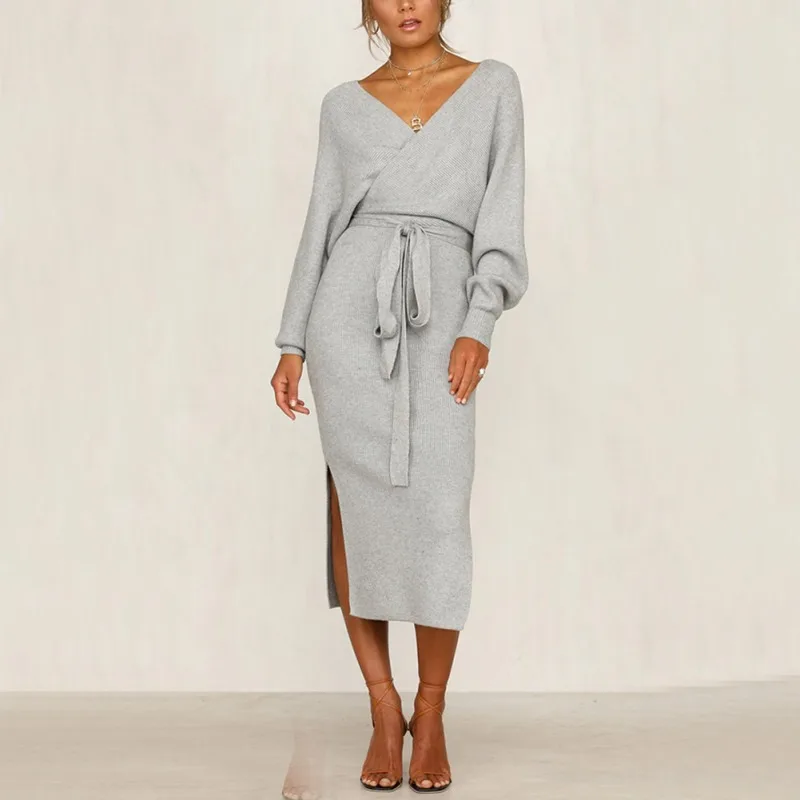 

2019 Women Spring Summer Dress Deep V Neck Low-cut Side Split Sexy Dress Women Soild Fashion Sashes Casual Long Sleeve Dress