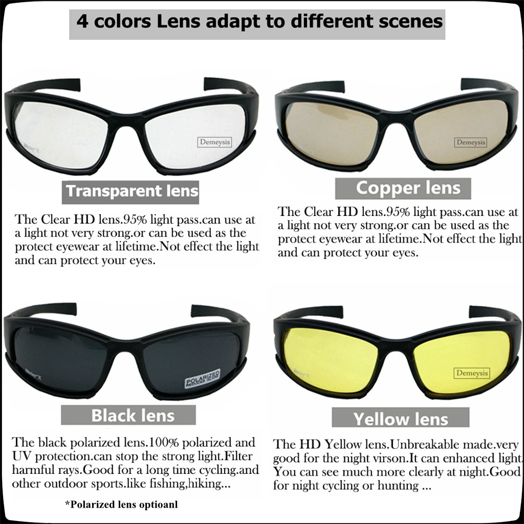 Cuatro tipos diferentes de lentes que se pueden usar en anteojos, cada uno diseñado para condiciones de iluminación o actividades específicas. De izquierda a derecha, las lentes son:

1. Lente transparente: este tipo de lente es transparente y no tiñe la visión, lo que permite una visión más natural.