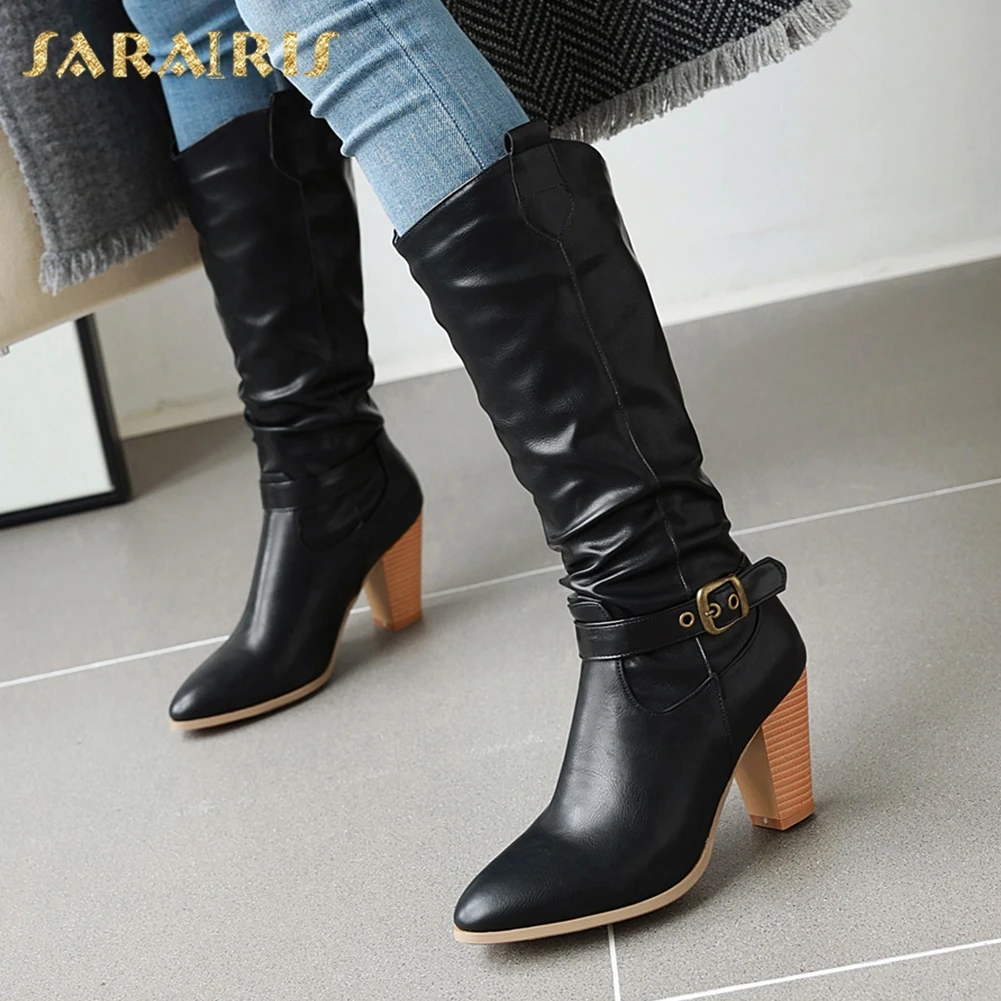 

Sarairis new arrivals Hot Sale Plus Size 47 Chunky High Heels Mid Calf Boots Woman Shoes Slip On Dropship Shoes Women Boots