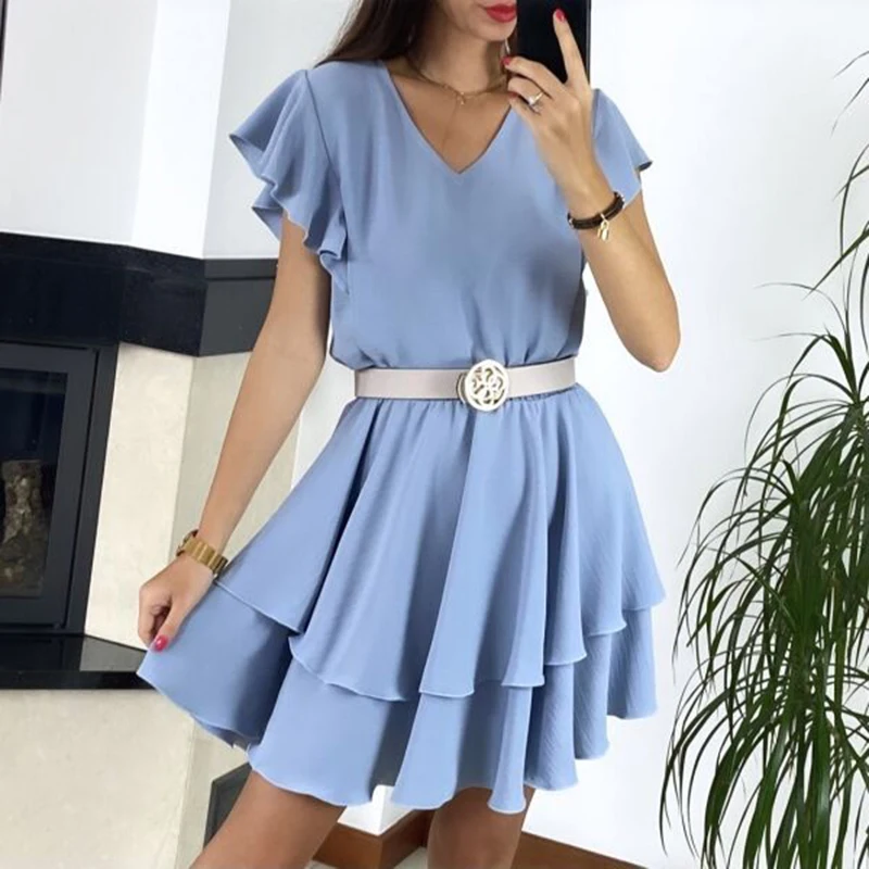 Verão com Decote em v Vestido de Festa Mulheres Ruffle Mini Vestido Moda Elegante Plissado Manga Sólido Casual Escritório Senhora Vestidos 3 Mulheres verão com decote em v ruffle