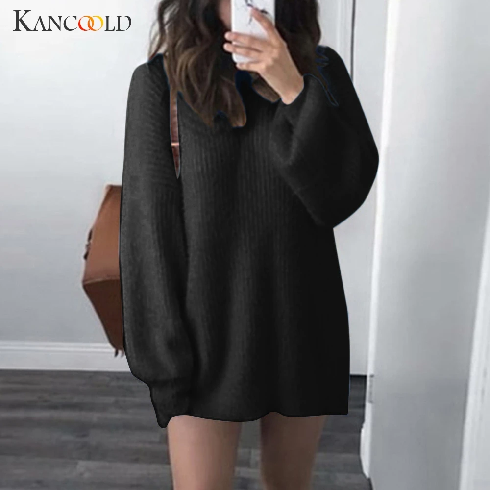 KANCOOLD, Осенний женский свитер, однотонный, длинный рукав, боковой свитер, платье, размер S-5XL, вязаный, теплый, латерн, рукав, топ, ленивый, свободный