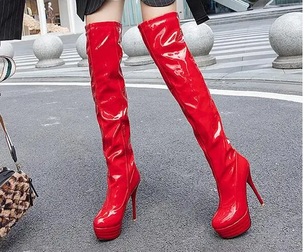Пикантные красные сапоги до колена на очень высоком каблуке черные сапоги из лакированной кожи европейские и американские танцевальные сапоги для ночного клуба