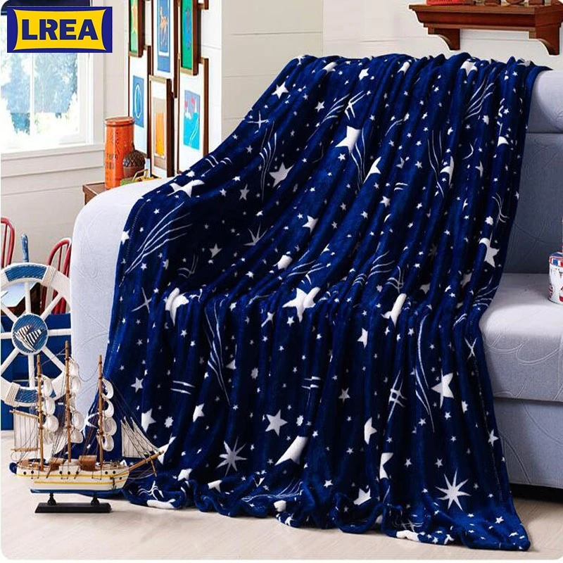 

High Density Super Soft Flannel Blanket to on for the sofa bed textile cute plush wool fluffy blue green stars boys blanket