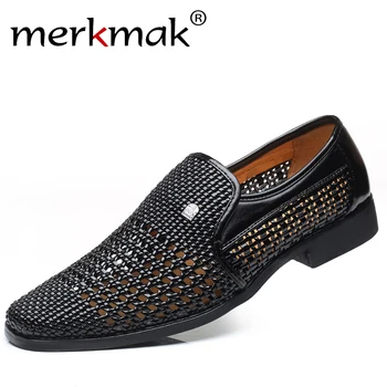 

Merkmka 2020 New Summer Men's Leather Sandals PU Leather Soft Bottom Slip-on Shoes Hole Shoes Middle-aged Hollow Weave Dad Shoes