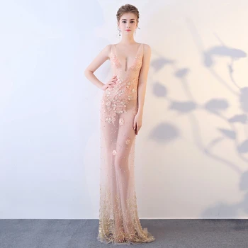 

Temperament sexy nightclub women mesh gauze mesh low beaded long evening dress sexy deep v-neck perspective temptation dress