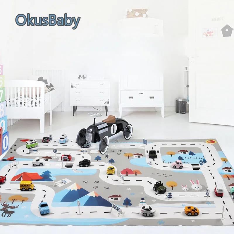 

130*100cm Large Size Waterproof Nordic Blue White Children Snow Theme Traffic Play Mat Mini Alloy Toys Car Kit With Road Signs