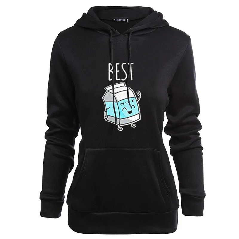 W25762BK Модные толстовки Best Friends, осенне-зимние женские толстовки с капюшоном и длинным рукавом, женские пуловеры с принтом гамбургера и молока - Цвет: W25762BK