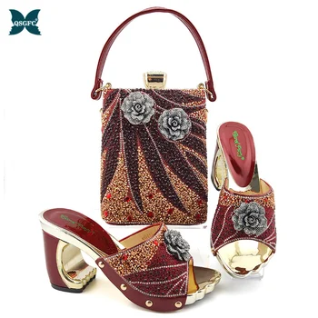 

New Italian Design African Women Matching Shoes and Bag Set Nigerian Style in Wine Color African Ladies Wedding Shoes and Bag