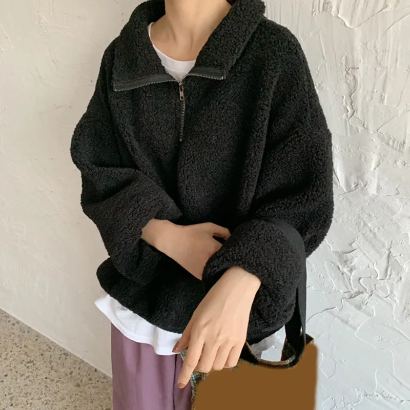 Black Coat women RICININA, куртка из овечьей шерсти, женская зимняя на молнии, однотонная, белая, женские пальто, весна, повседневное шерстяное пальто, Женская одежда оверсайз - Цвет: Black Coat women