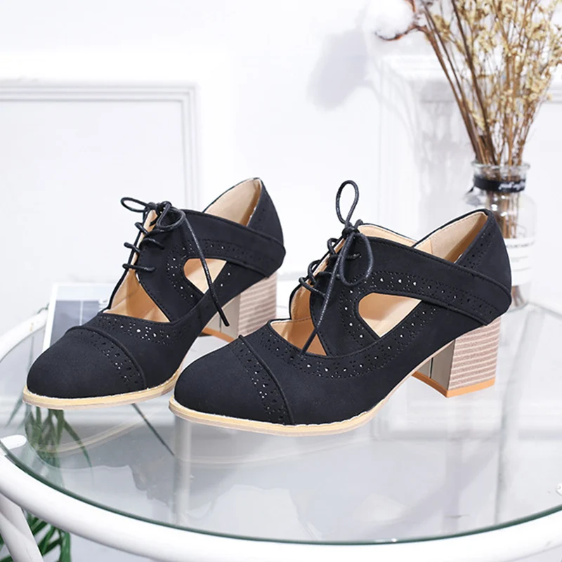 

Women Ankle Tie Square Heels Female Hollow Out Shoes Woman Lace Up Thick Heels Ladies Comfortable Round Toe Women's Plus Size