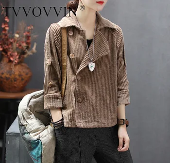 

TVVOVVIN 2019 Autumn Literature Corduroy Lapel Long Sleeve Loose Coat Short Fund Single Row Buckle Leisure Time L179