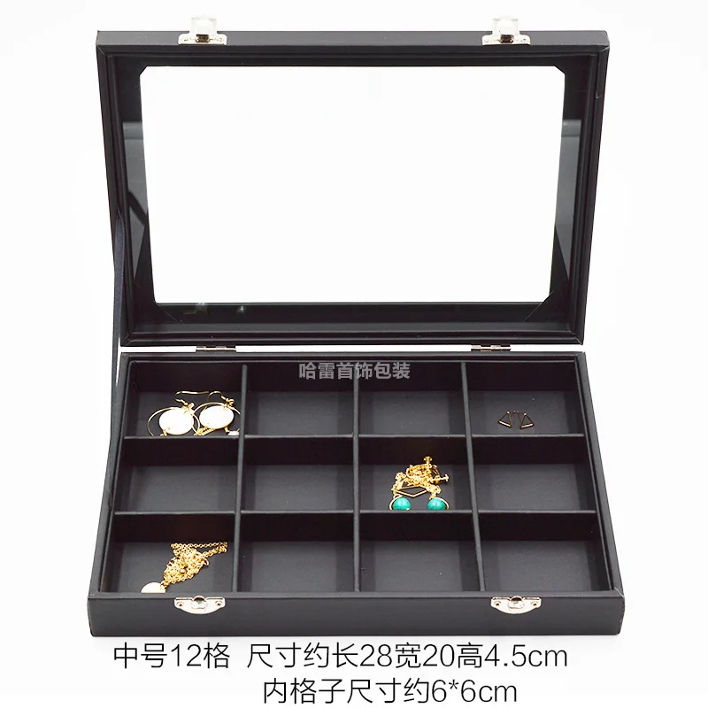 medium  PU Black Carrying Case with Glass Cover Jewelry Ring Display Box Tray Holder Storage Box Organizer Earrings Ring Bracel