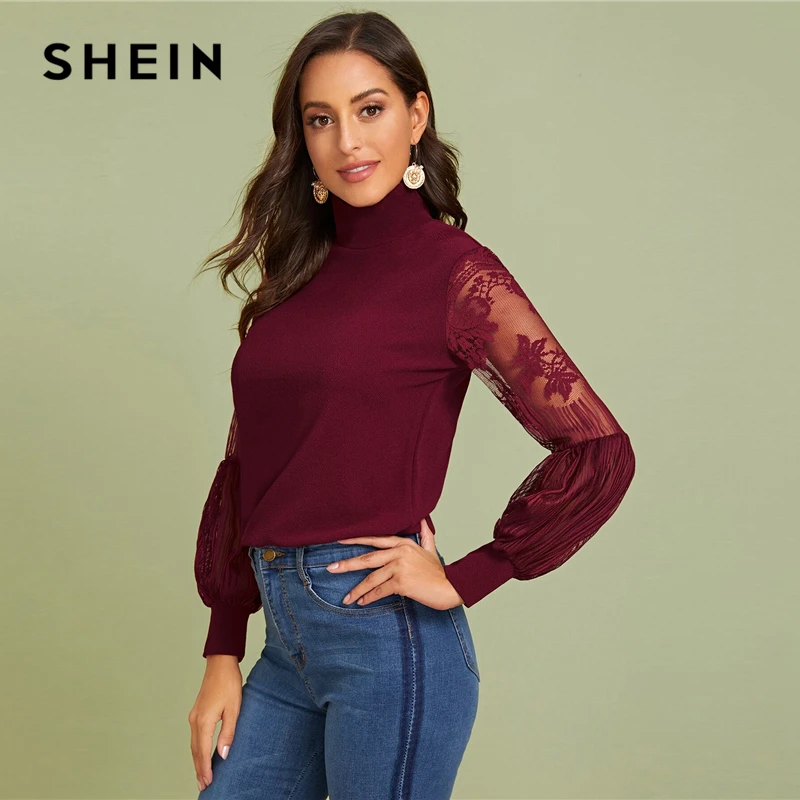 SHEIN Однотонный Топ С Прозрачными Рукавами Сексуальная Блузка С Ажурными Рукавами