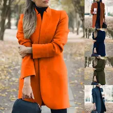 

Drop Shipping Stand Collar Solid Color Women Coat Autumn Winter Open Stitch Long Woolen Coat Outerwear