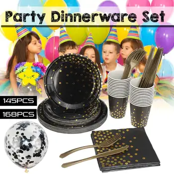 

168/200pcs Party Disposable Tableware Black Gold Paper Cup Plate Straws Birthday Party Decor Kid Baby Shower Party Supplies